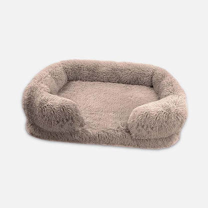 Graues, flauschiges Hundebett, rechteckig, aus Plüsch, ideal für Haustierkomfort.