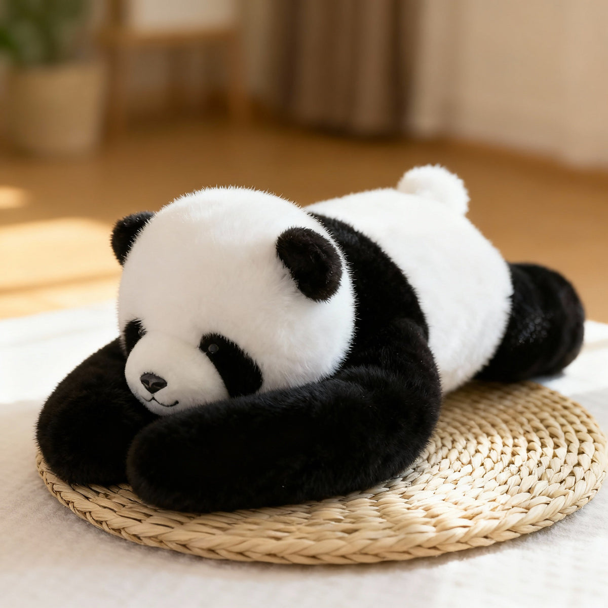 Svartvit pandaversion liggande på en flätad rundad matta, med långa mörka armar lindade framför det vita huvudet. 1