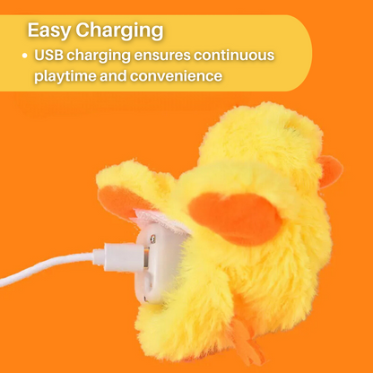 Gelbes Plüschtier mit USB-Ladekabel, einfaches Aufladen, Spielzeug, orangefarbener Hintergrund.