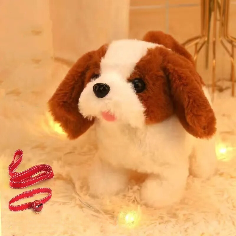Plüschhund Spielzeug braun-weiß, Corgi Design, mit roter Leine, weiches Kuscheltier für Kinder