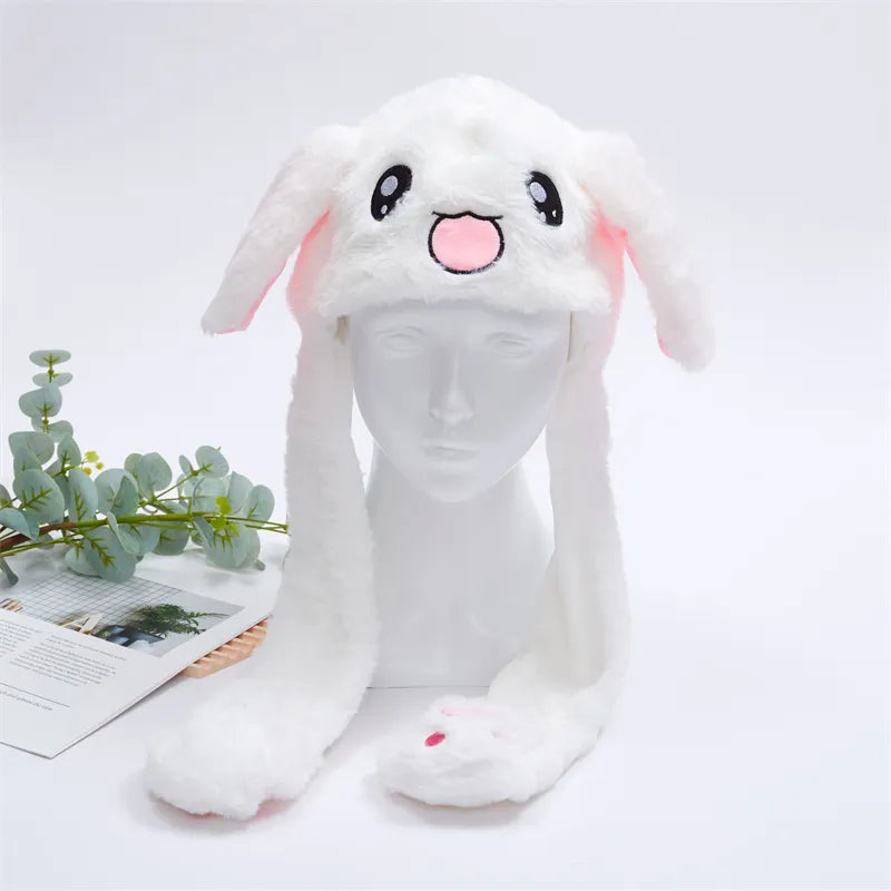 Weiße Plüsch-Hasenmütze mit Ohren, kawaii Design, für Kinder, weiches Material.