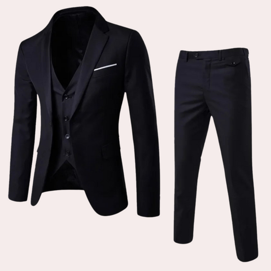 Schwarzer Herrenanzug, dreiteilig, Slim Fit, aus Polyester, ideal für formelle Anlässe.