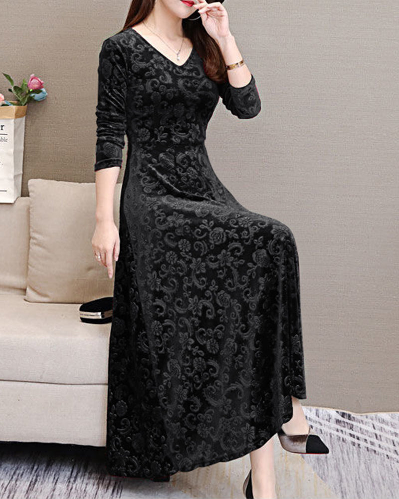 Damen Maxikleid, schwarz, langärmelig, florales Muster, elegantes Design, Abendmode.