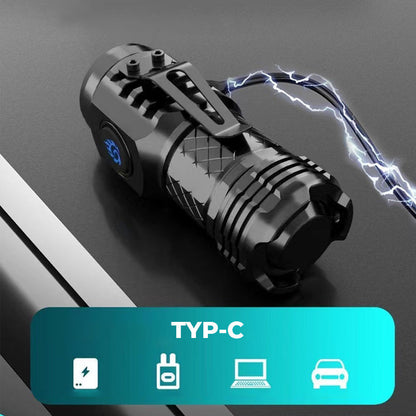 Schwarze, kompakte Typ-C-Taschenlampe mit USB-Anschluss, ideal für Outdoor und Notfälle.