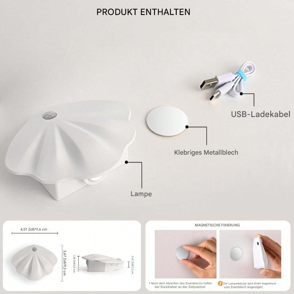 Weiße LED-Lampe mit USB-Ladekabel und klebrigem Metallblech, magnetische Befestigung.