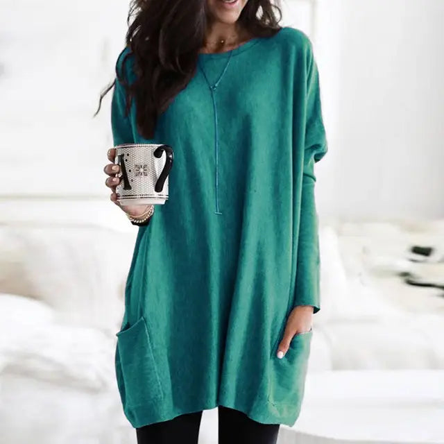Damen Langarm-Tunika mit Taschen, grün, lässig, Pullover, Plus Size, Mode.