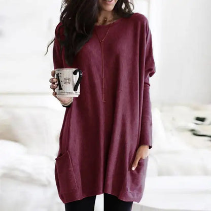 Damen Langarm-Tunika mit Taschen, weinrot, lässig, Pullover, Plus Size, bequem.