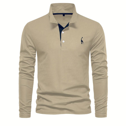 Beiges Langarm-Poloshirt für Herren, Baumwolle, klassischer Kragen, elegantes Design.