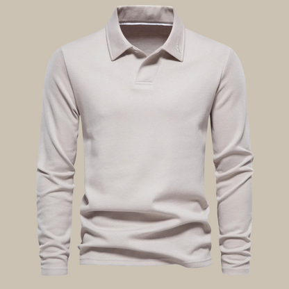 Langarm-Polohemd Herren, beige, Baumwolle, klassischer Kragen, Freizeitmode, elegant.