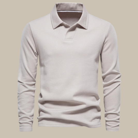 Langarm-Polohemd Herren, beige, Baumwolle, klassischer Kragen, Freizeitmode, elegant.
