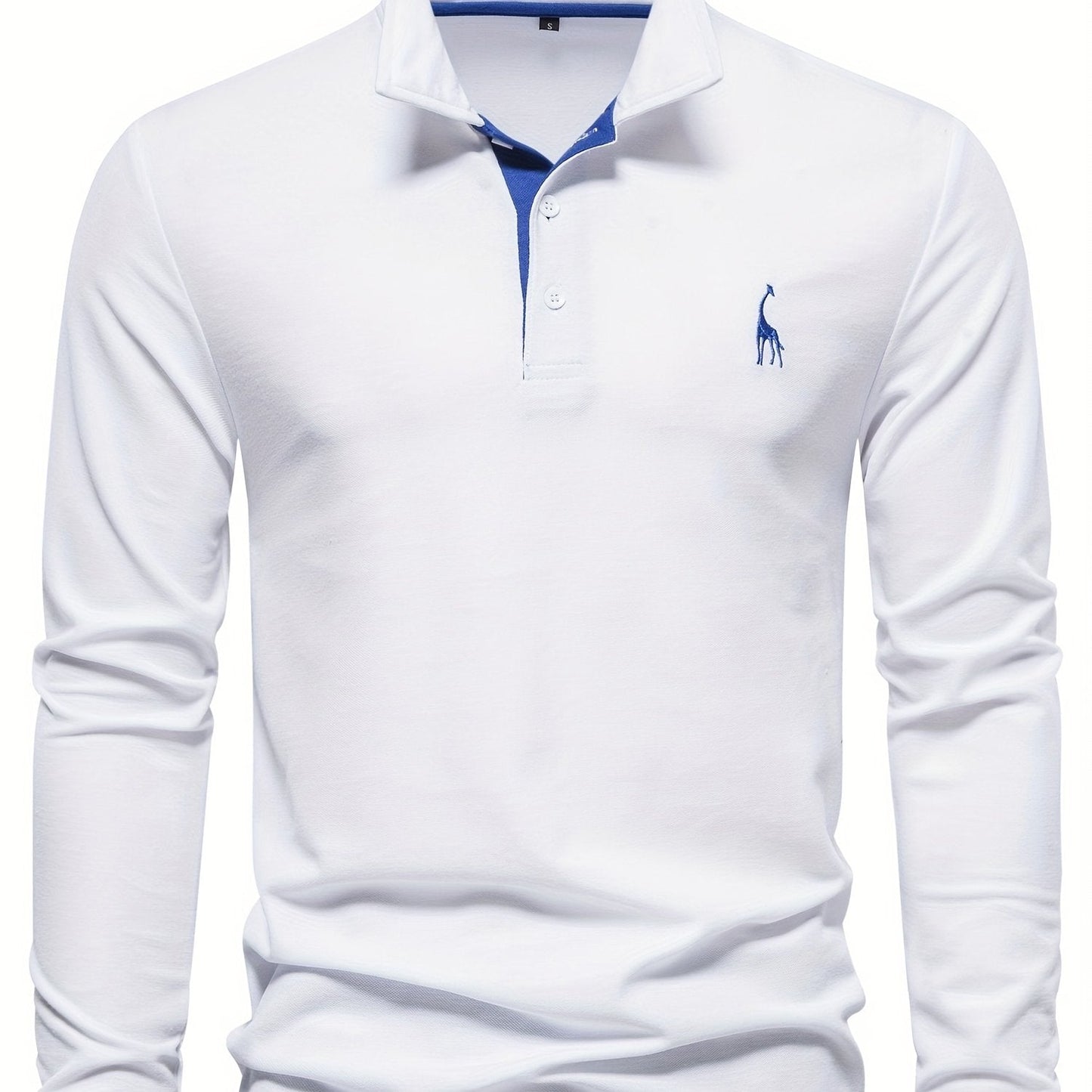 Weißes Herren-Poloshirt mit Langarm, blauer Krageninnenseite, Stickerei, Baumwolle.