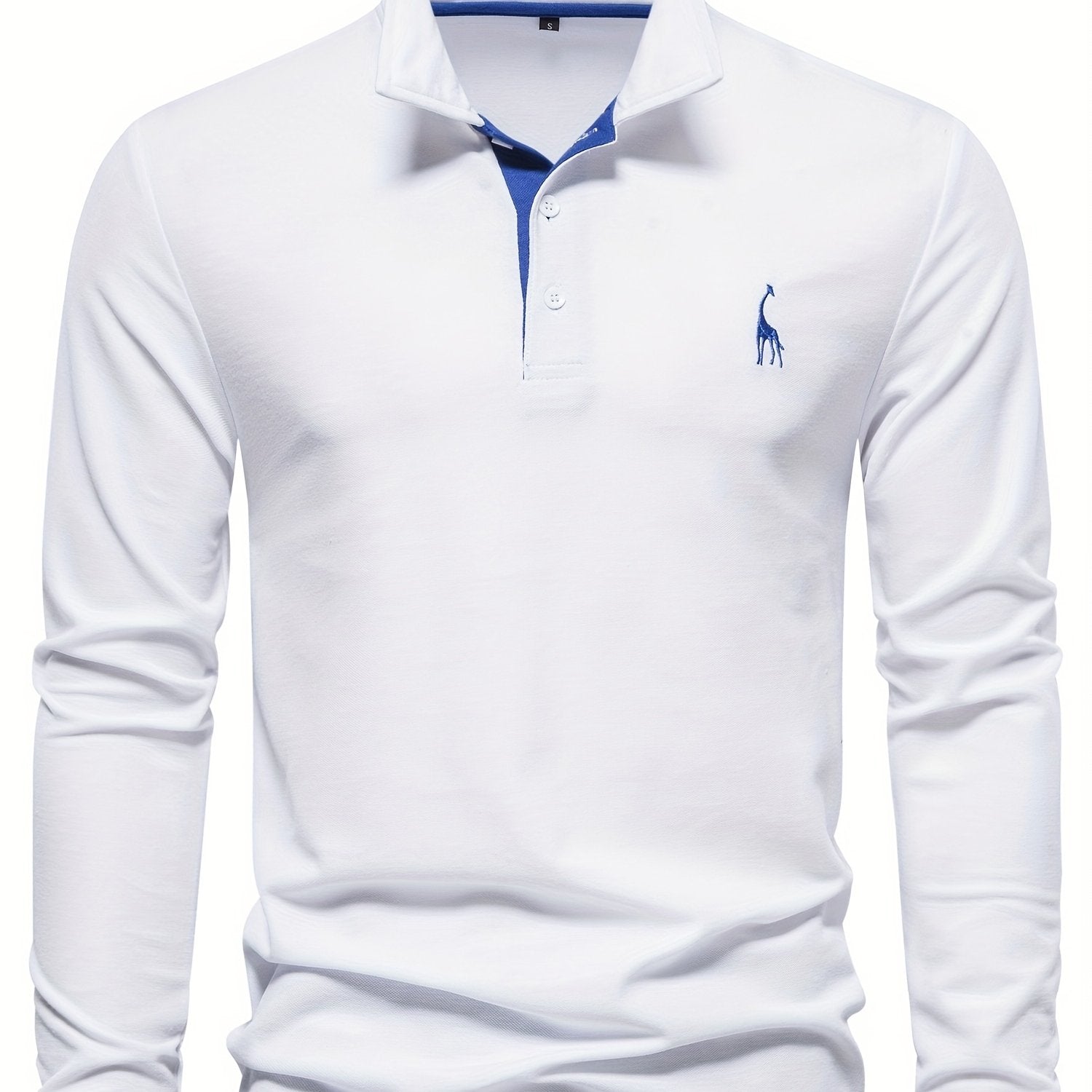 Weißes Herren-Poloshirt mit Langarm, blauer Krageninnenseite, Stickerei, Baumwolle.