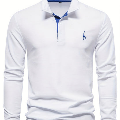 Weißes Herren-Poloshirt mit Langarm, blauer Krageninnenseite, Stickerei, Baumwolle.