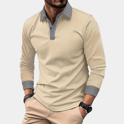 Herrenhemd apricot, Langarm, kariertes Kragen- und Manschettendetail, eleganter Freizeitstil.