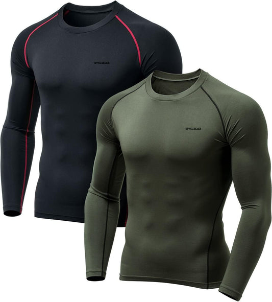 Zwei langärmlige Kompressionsshirts, schwarz und olivgrün, für Herren, Sportbekleidung.