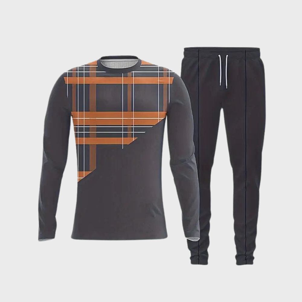 Schwarzer Trainingsanzug mit orange-grauem Karomuster, langärmeliges Oberteil, Jogginghose.