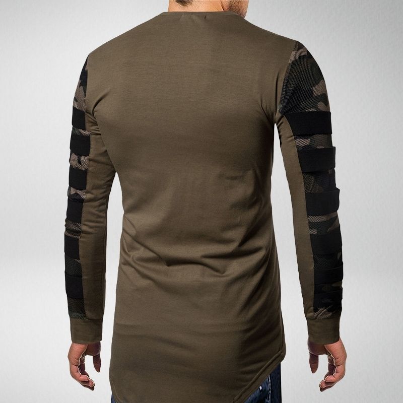 Männer Langarmshirt, olivgrün, Camouflage-Ärmel, Baumwolle, modisch, Freizeitkleidung.