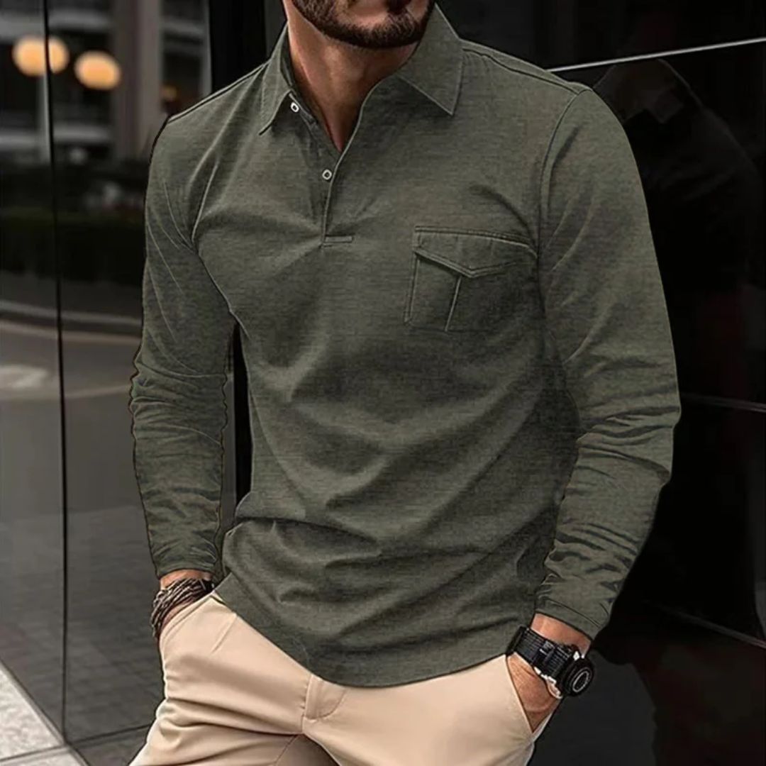 Männer-Oberteil, olivgrünes Langarmshirt, Polokragen, Freizeitmode, Baumwolle, elegant.
