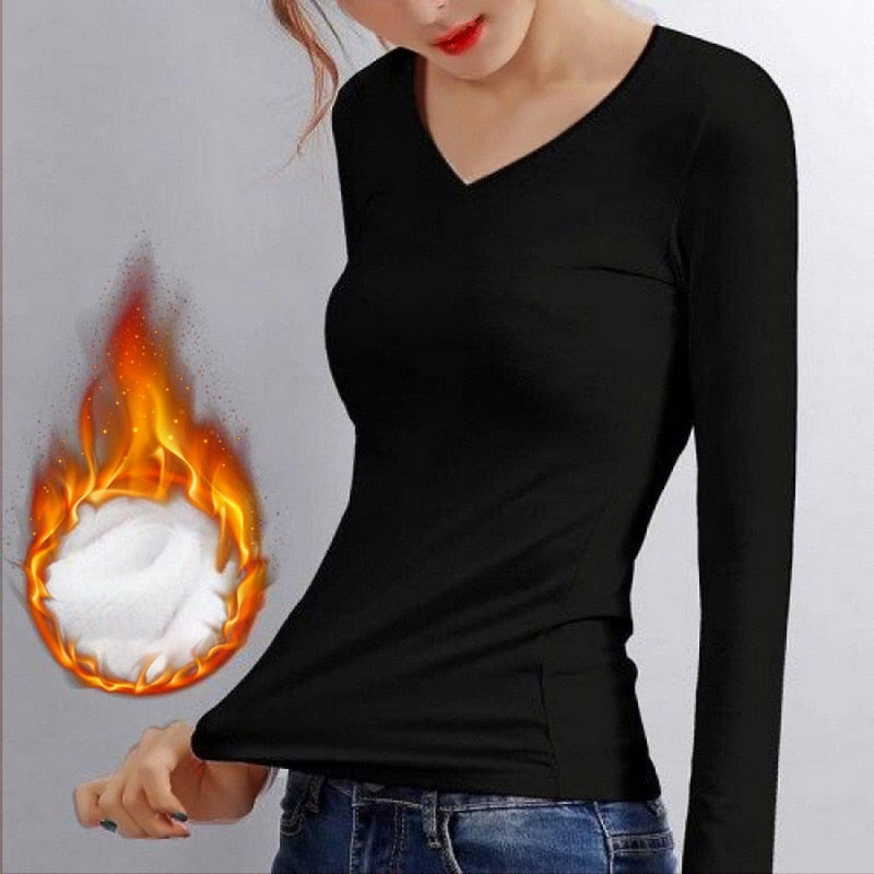 Damen Thermo-Langarmshirt, schwarz, V-Ausschnitt, figurbetont, warm, Baumwolle, Wintermode.