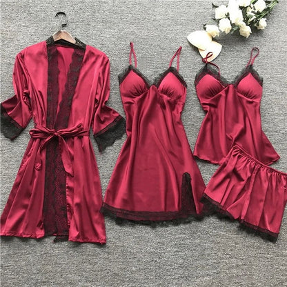 Rotes Damen-Pyjama-Set aus Satin mit Spitze, 4-teilig, Nachtwäsche, elegant und sexy.
