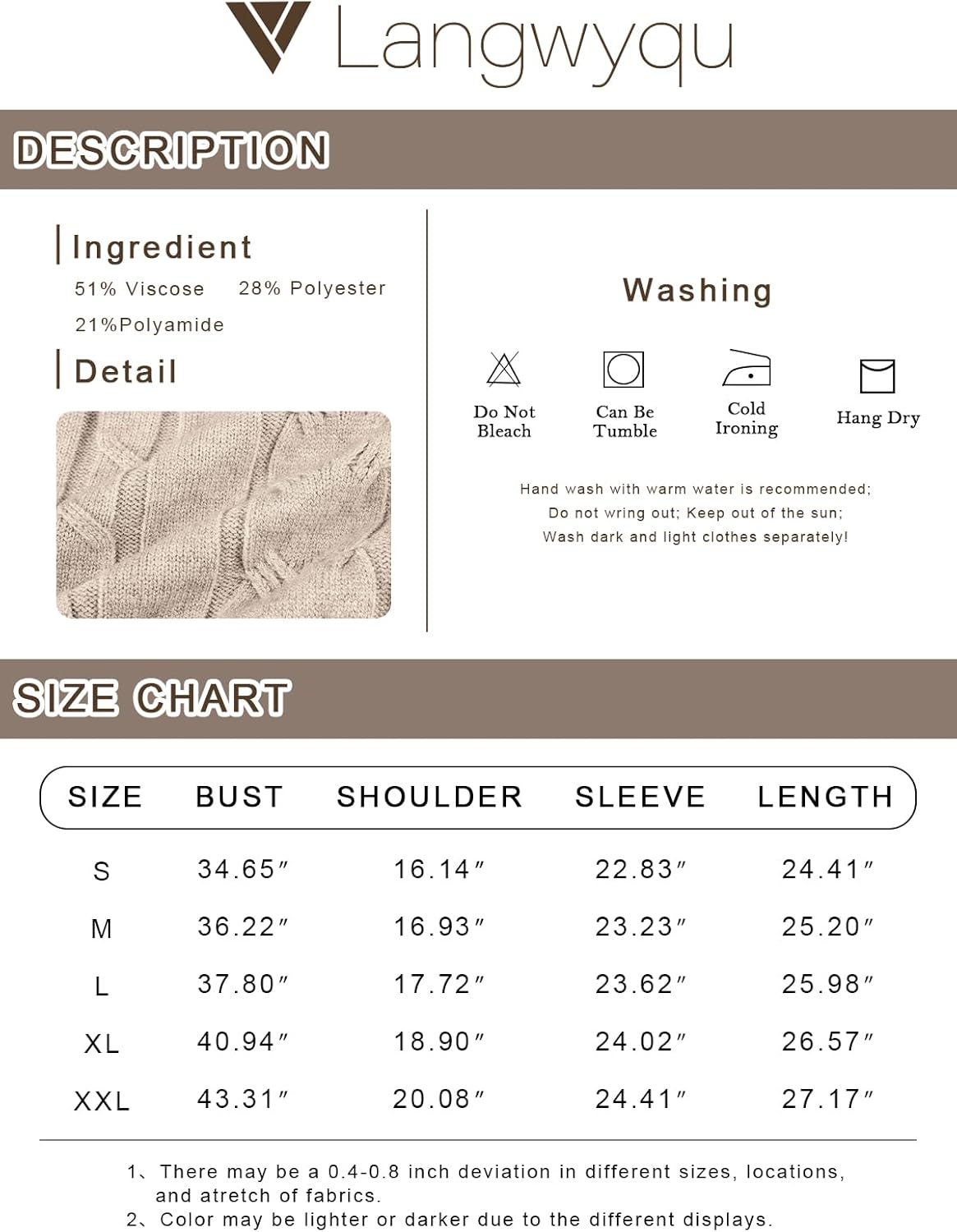 Langwyqu Pullover Größentabelle, beige Strickmuster, Pflegehinweise, Material: Polyester, Polyamid.