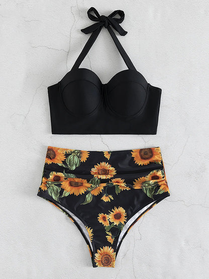 Schwarzer Bikini mit Sonnenblumenmuster, High-Waist, Damen-Bademode, Sommertrends.