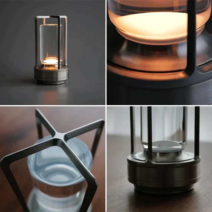 Moderne LED-Tischlampe aus Metall und Glas, warmweißes Licht, minimalistisches Design.