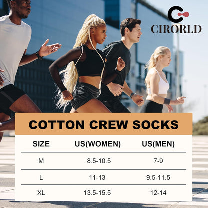 Läufer in Sportbekleidung, Cirorld Logo, Größentabelle für Baumwollsocken im Vordergrund.