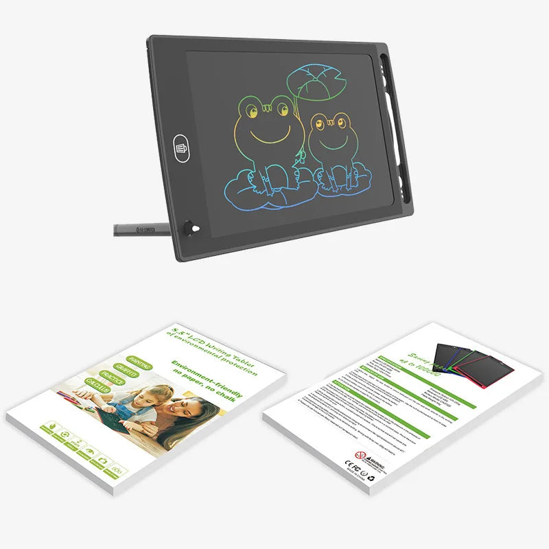 Schwarzes LCD-Schreibtablett mit Stift, ideal für Kinderzeichnungen und Notizen.