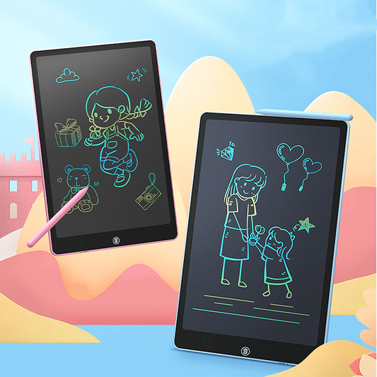 Zwei LCD-Schreibtafeln für Kinder, schwarz, mit bunten Zeichnungen, ideal zum Malen und Lernen.