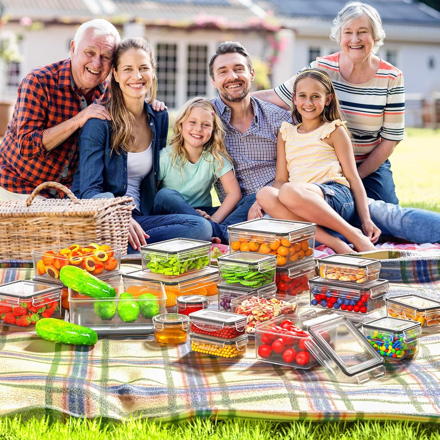 Familie picknickt im Garten mit Frischhaltedosen, Obst und Gemüse auf einer Decke.