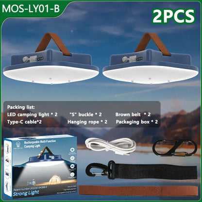 2er-Set LED-Campinglicht, blau, wiederaufladbar, mit Zubehör, ideal für Outdoor-Aktivitäten.
