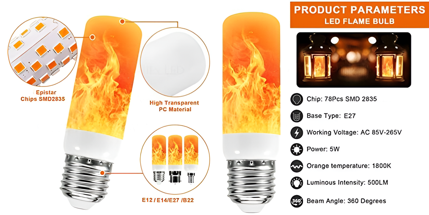 LED Flammenlampe E27, 5W, 1800K, 500LM, SMD 2835, energiesparend, dekorativ, warmweiß.