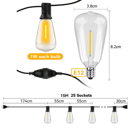 LED-Lichterkette E12, 15M, wasserdicht, warmweiß, für Innen- und Außenbereich, Hochzeit.