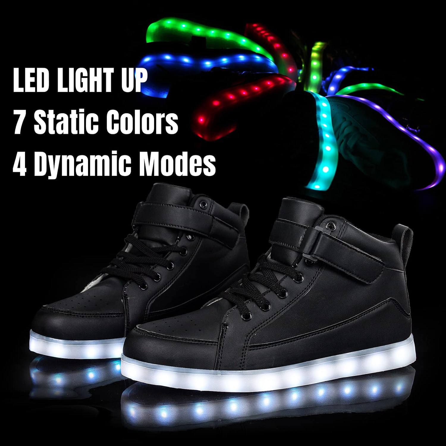 Schwarze LED-Sneaker mit leuchtender Sohle, 7 Farben, 4 Modi, modische Schuhe für Partys.