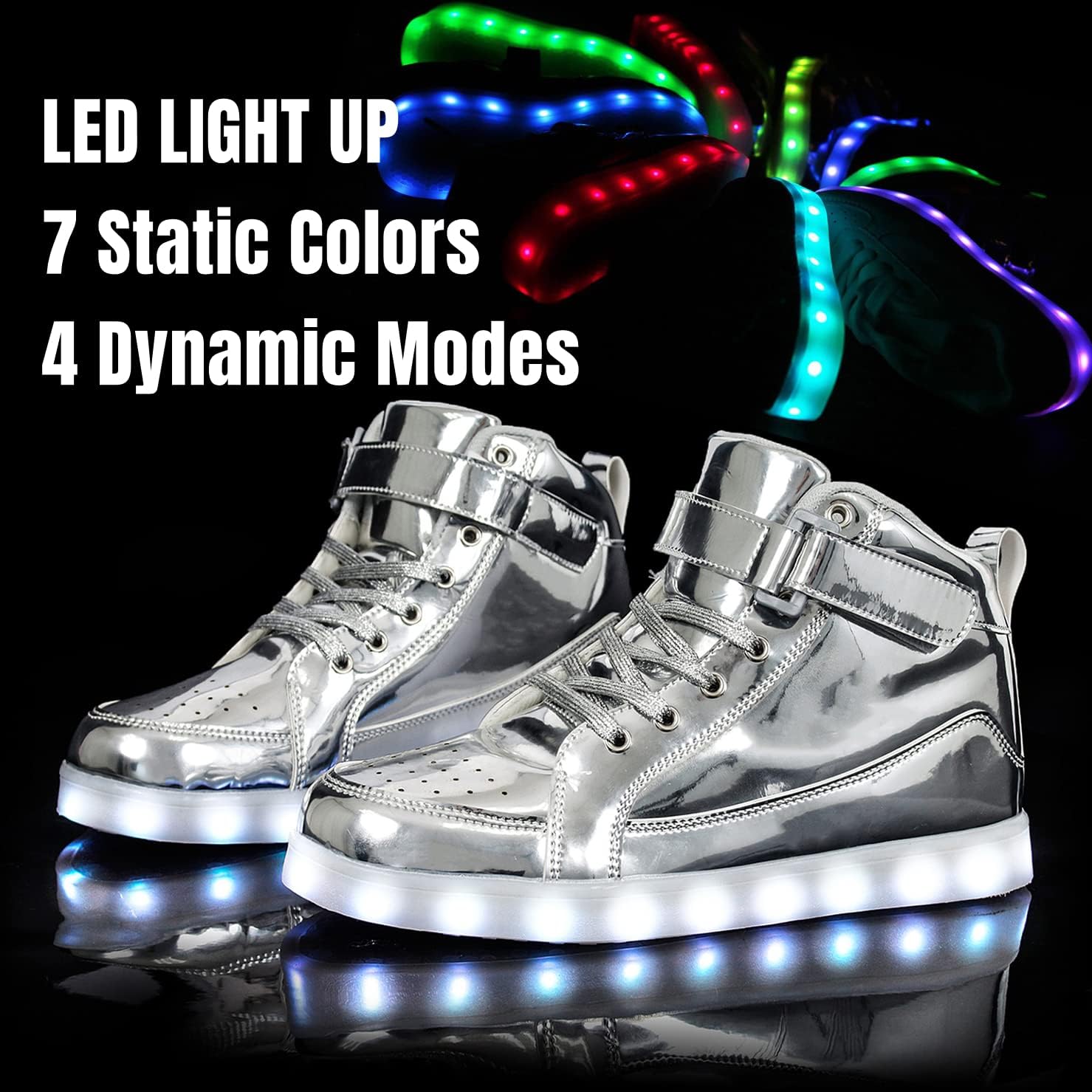 Silberne LED-Sneaker mit leuchtender Sohle, 7 Farben, 4 Modi, modische Schuhe.
