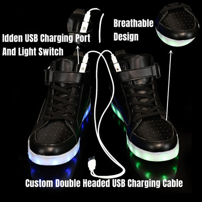 Schwarze LED-Sneaker mit USB-Ladeanschluss, leuchtende Sohle, atmungsaktives Design.