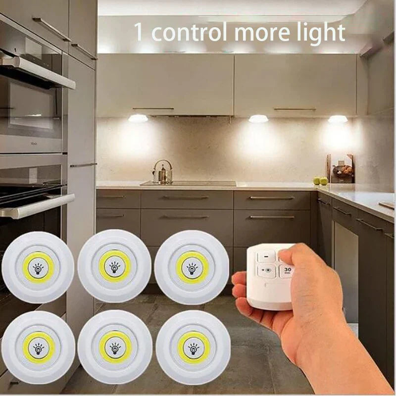 LED-Unterbauleuchte mit Fernbedienung, dimmbar, rund, weiß, für Küche oder Kleiderschrank.
