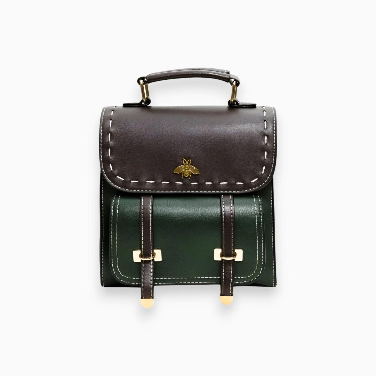 Grüner Leder-Rucksack mit brauner Klappe und Bienen-Emblem, modisch und elegant.