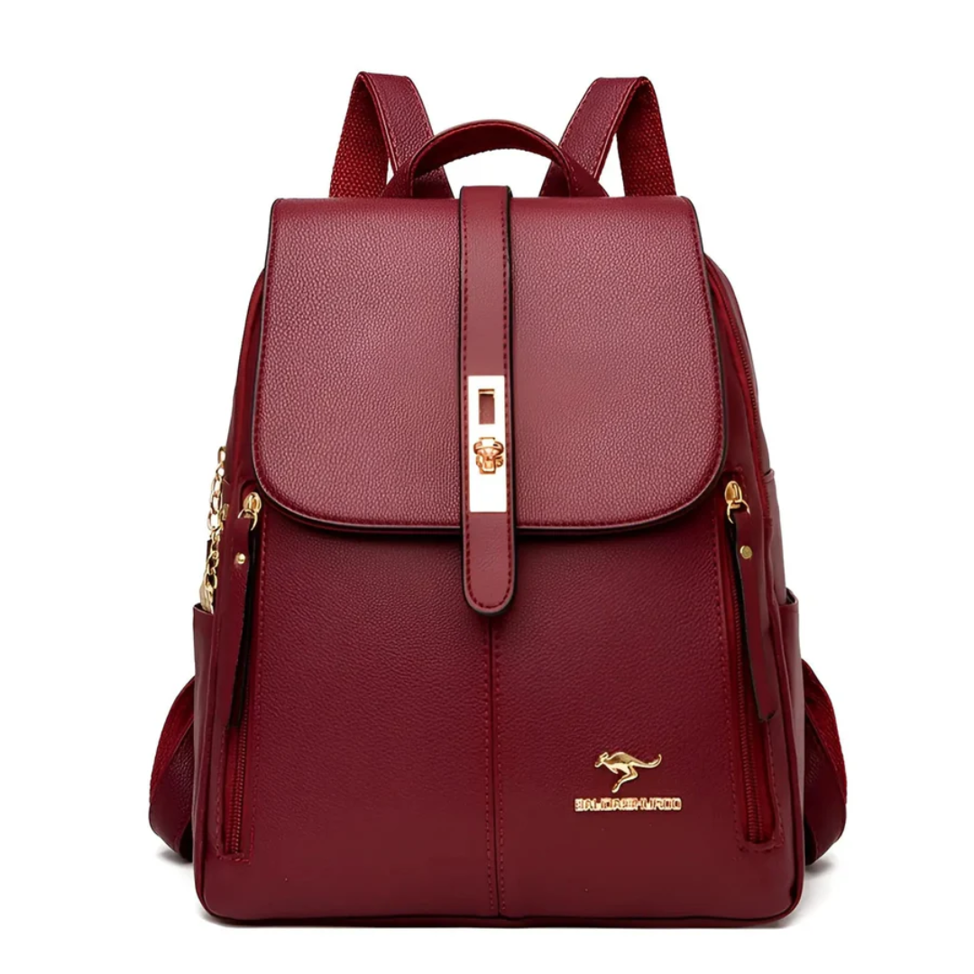 Roter Damenrucksack aus Leder, elegant, mit goldenen Details, modisch, vielseitig einsetzbar.