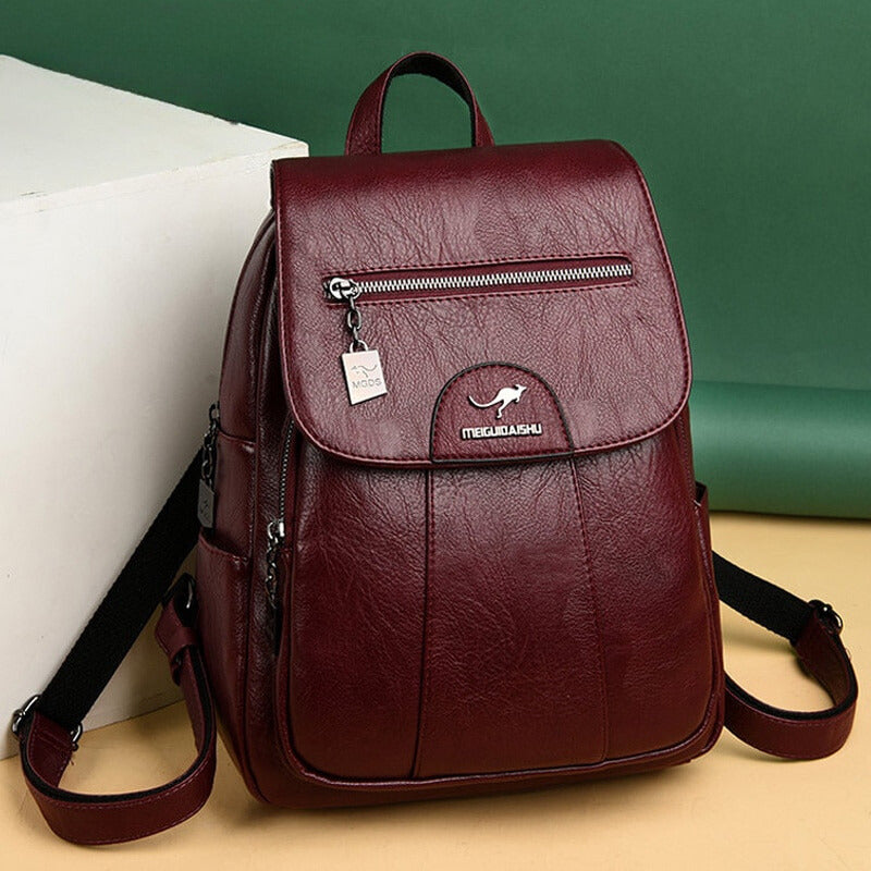 Damen Rucksack Leder, weinrot, modisch, mit Reißverschluss, ideal für Alltag und Reisen.