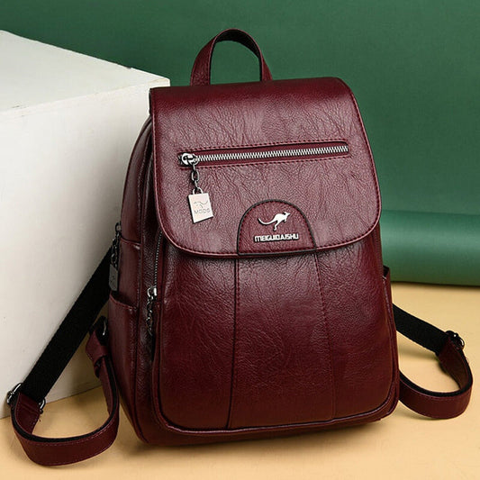 Damen Rucksack Leder, weinrot, modisch, mit Reißverschluss, ideal für Alltag und Reisen.