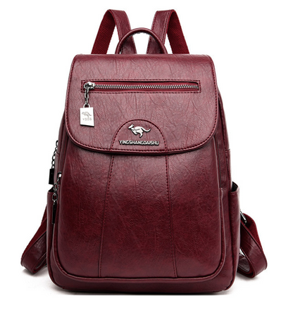 Roter Damenrucksack aus Leder mit Reißverschluss, modisch und geräumig für Alltag und Reisen.