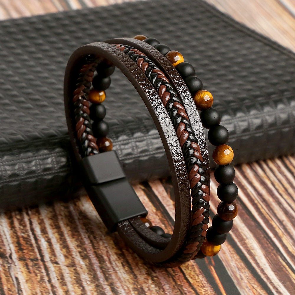 Braunes Lederarmband mit schwarzen Perlen, geflochtenem Design, Magnetverschluss, Herrenmode.