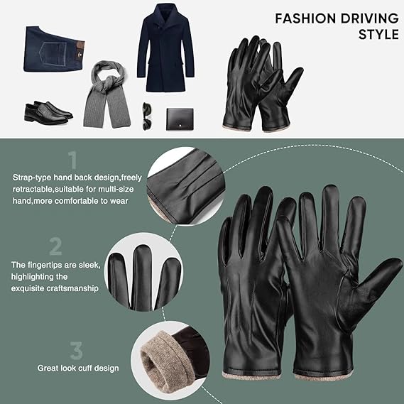 Schwarze Lederhandschuhe für Herren, modisch, ideal zum Autofahren, mit verstellbarem Riemen.