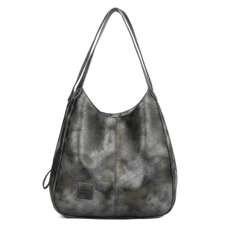 Graue Lederhandtasche, Damen, modisch, Schultertasche, elegant, Alltagsgebrauch.
