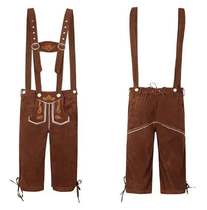 Braune Lederhose mit Hosenträgern, traditionell bayerisch, Stickerei, Trachtenmode Herren.