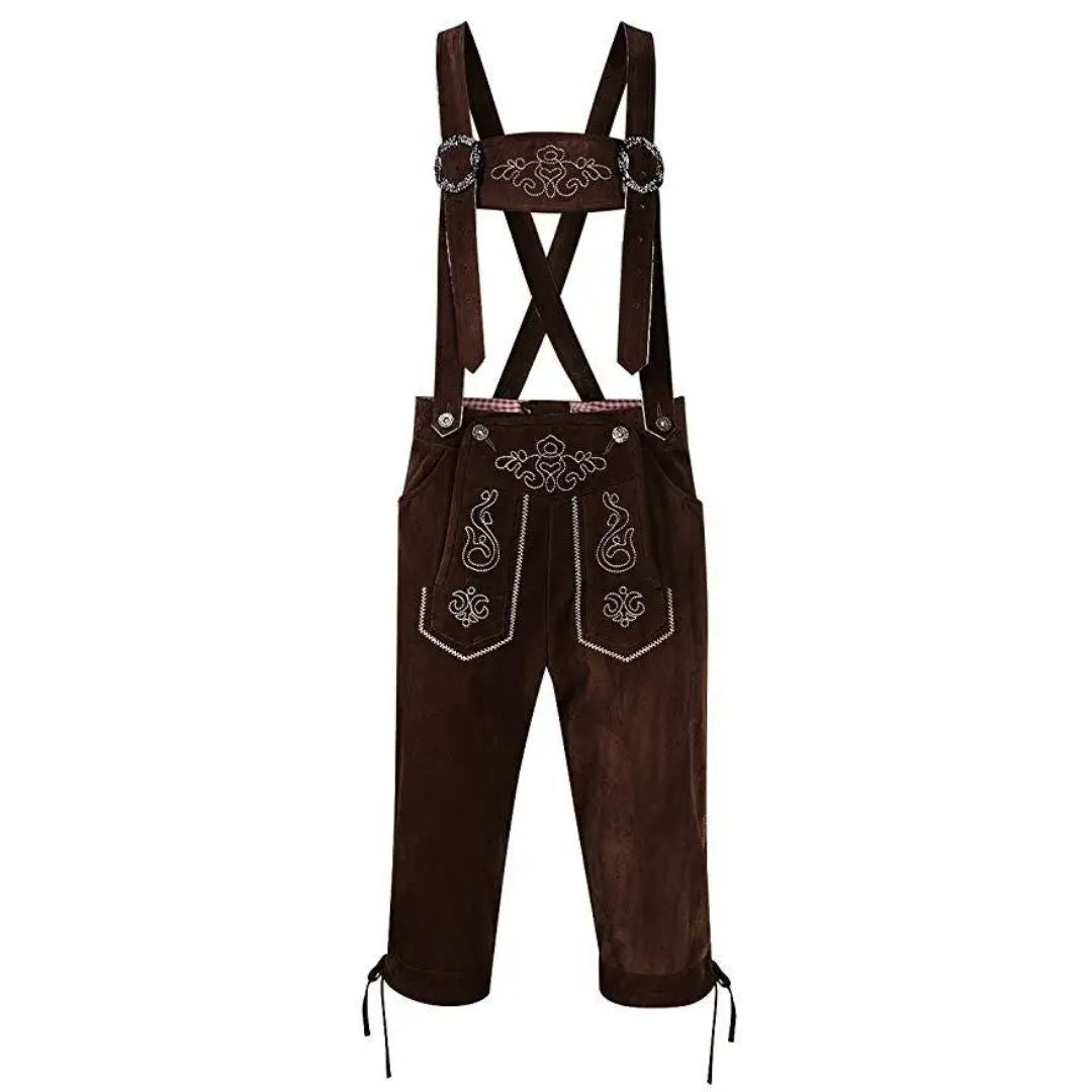 Braune Lederhose mit Hosenträgern, Stickerei, traditionell, Trachtenmode, Herrenbekleidung.