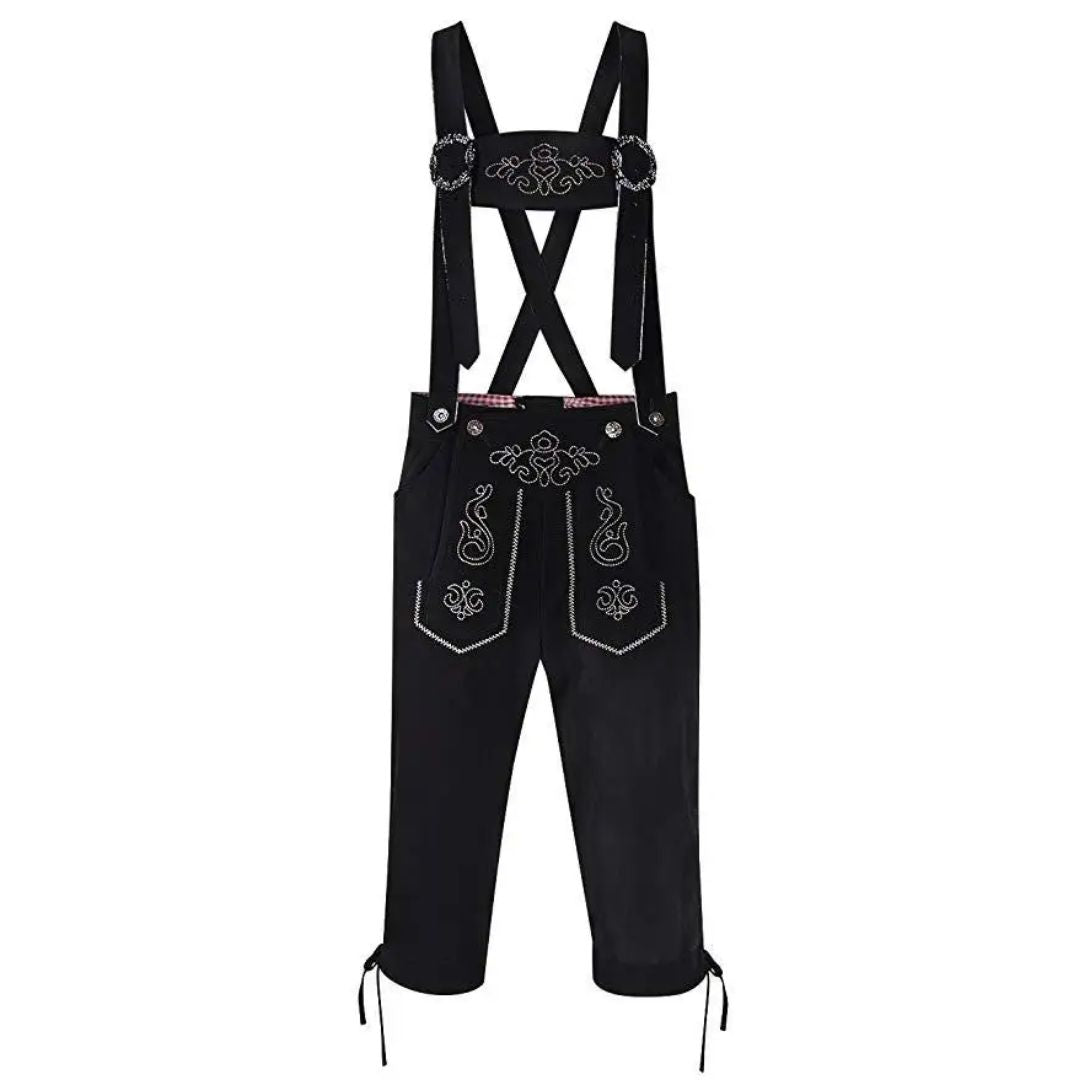 Schwarze Lederhose mit Hosenträgern, Stickerei, traditionell, Trachtenmode, Herrenbekleidung.
