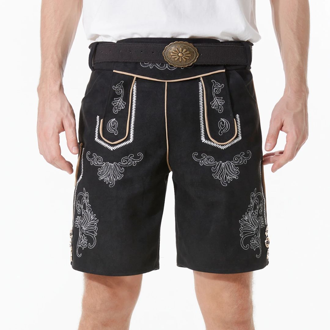 Schwarze Lederhose mit Stickerei, traditionell, Herrenmode, Trachten, Oktoberfest, Kniebundhose.